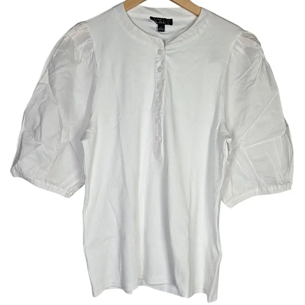 J. Crew Vintage rib puff-sleeve henley top L White BQ896‎